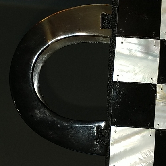 Retro Black White Checkered Purse Buffalo Bone Mother of Pearl, Lili Lua Vietnam - Picture 4 of 9